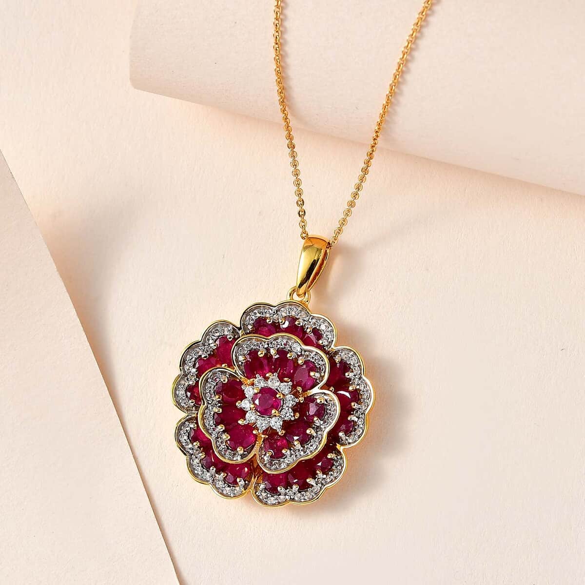 GP Italian Garden Collection Niassa Ruby (FF) and White Zircon Floral Pendant Necklace 20 Inches in Vermeil Yellow Gold Over Sterling Silver 6.80 ctw image number 1