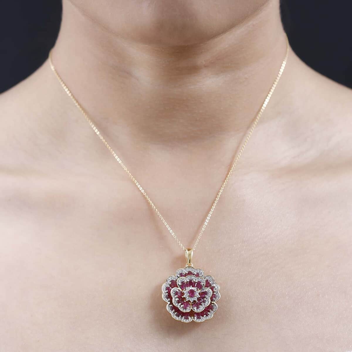 GP Italian Garden Collection Niassa Ruby (FF) and White Zircon Floral Pendant Necklace 20 Inches in Vermeil Yellow Gold Over Sterling Silver 6.80 ctw image number 2