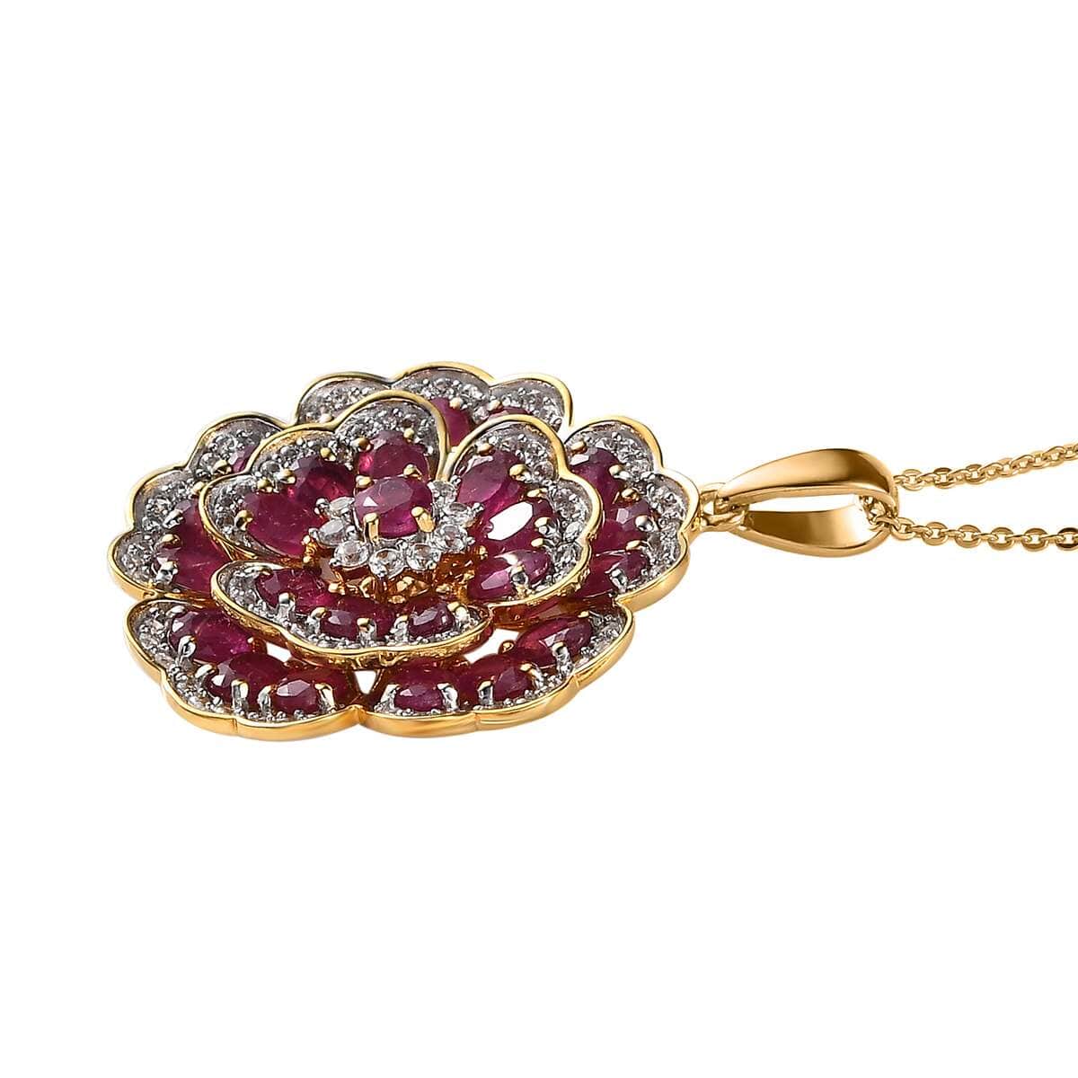 GP Italian Garden Collection Niassa Ruby (FF) and White Zircon Floral Pendant Necklace 20 Inches in Vermeil Yellow Gold Over Sterling Silver 6.80 ctw image number 3