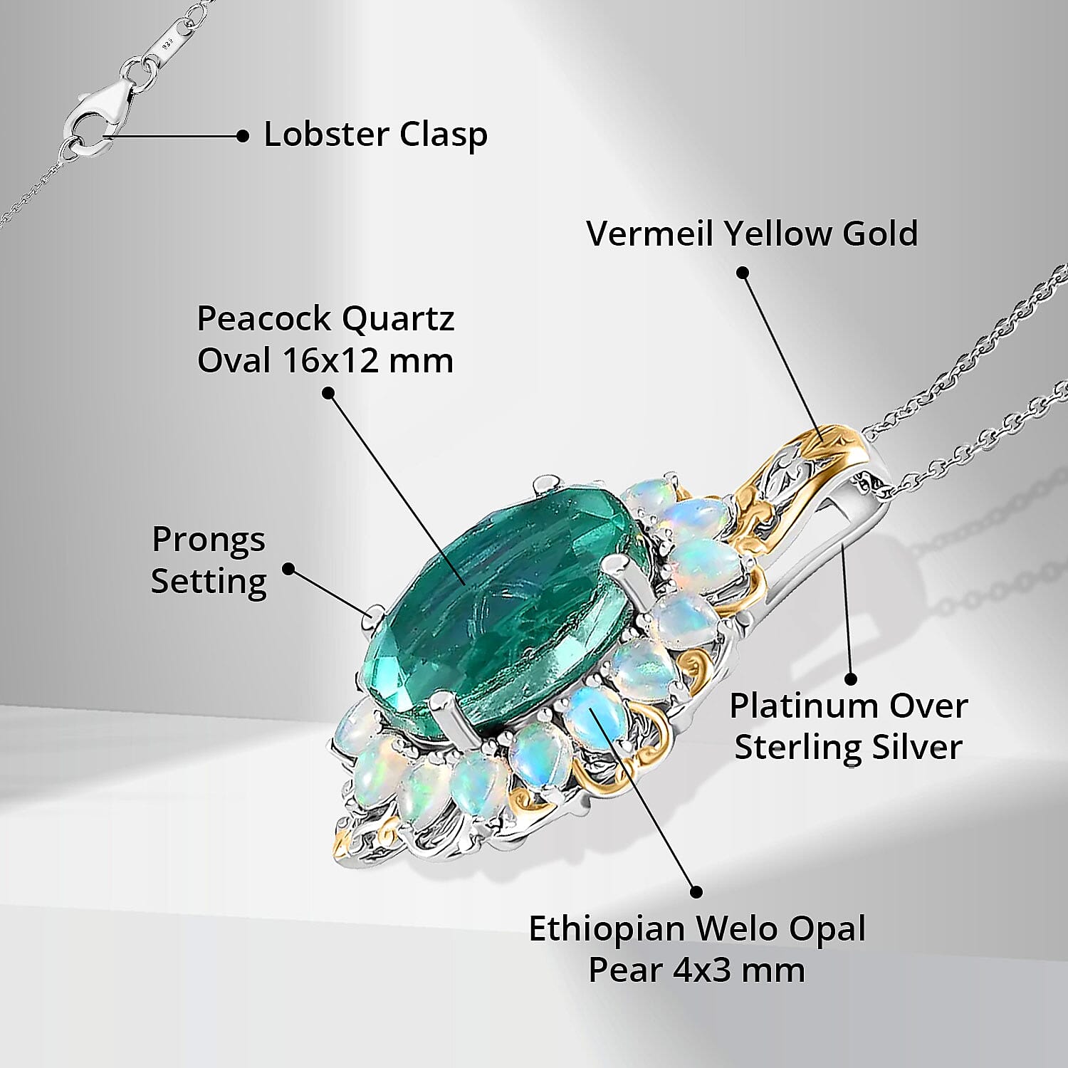 Peacock Quartz (Triplet) and Ethiopian Welo Opal 11.90 ctw Halo Pendant Necklace in Vermeil YG and Platinum Over Sterling Silver 20 Inches