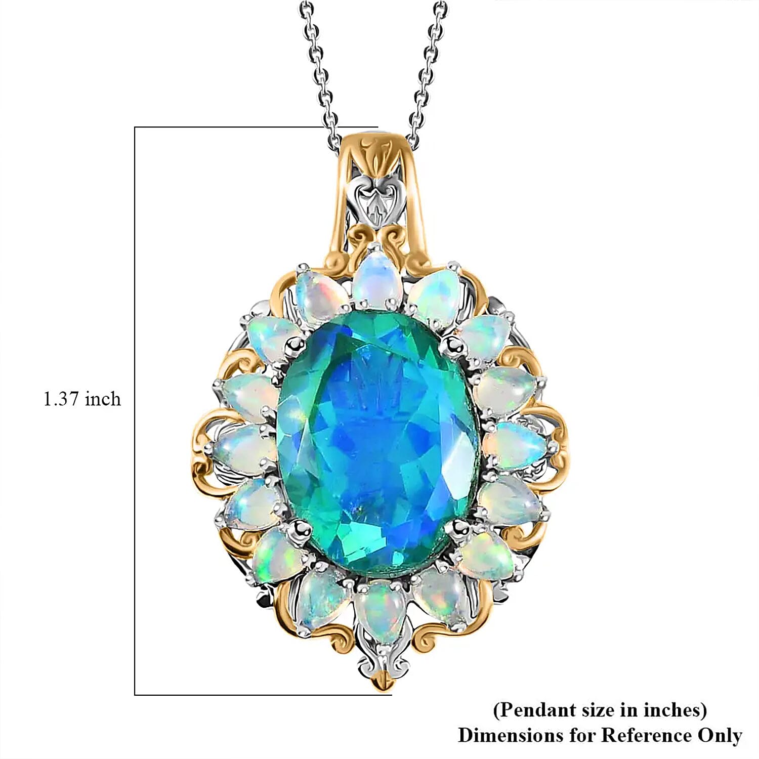 Peacock Quartz (Triplet) and Ethiopian Welo Opal 11.90 ctw Halo Pendant Necklace in Vermeil YG and Platinum Over Sterling Silver 20 Inches