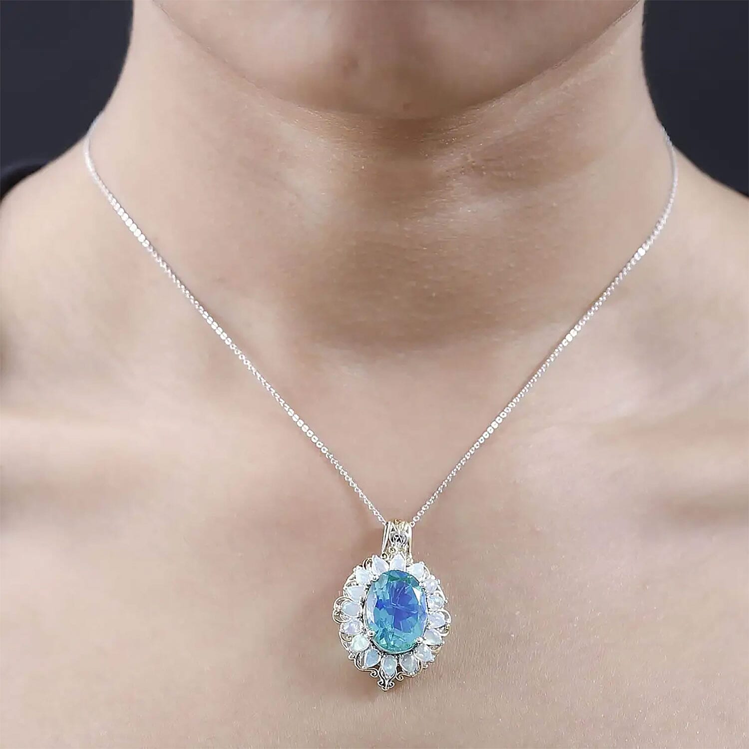 Peacock Quartz (Triplet) and Ethiopian Welo Opal 11.90 ctw Halo Pendant Necklace in Vermeil YG and Platinum Over Sterling Silver 20 Inches