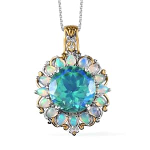 Peacock Quartz (Triplet) and Ethiopian Welo Opal Halo Pendant Necklace 20 Inches in Vermeil YG and Platinum Over Sterling Silver 13.70 ctw