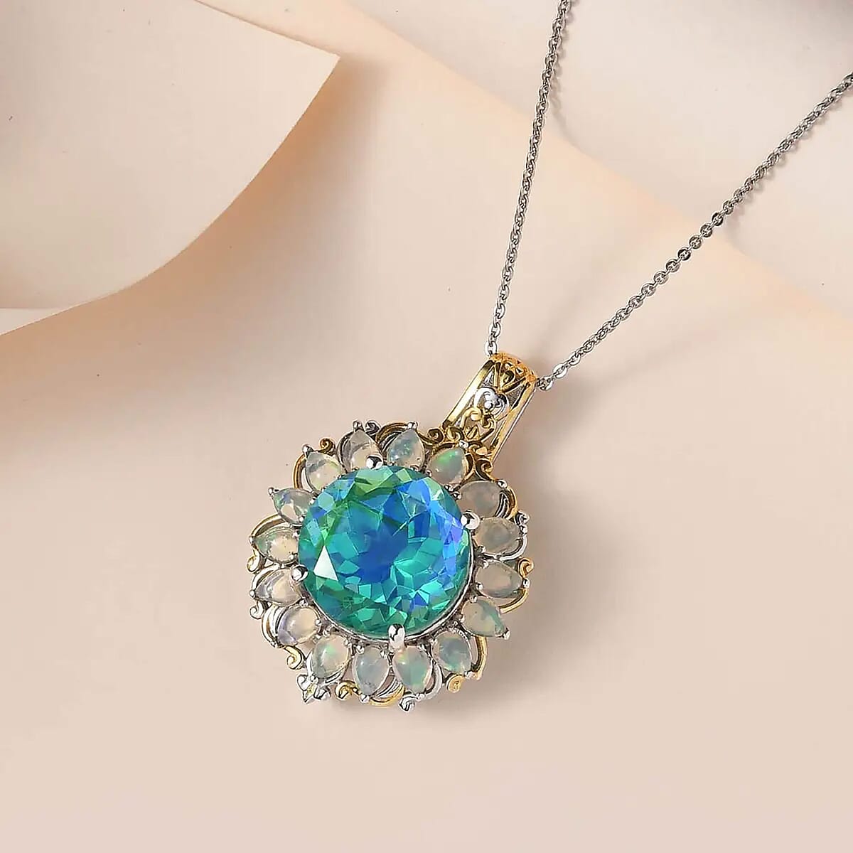 Peacock Quartz (Triplet) and Ethiopian Welo Opal Halo Pendant Necklace 20 Inches in Vermeil YG and Platinum Over Sterling Silver 13.70 ctw image number 1