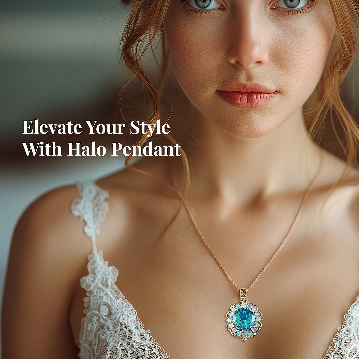 Peacock Quartz (Triplet) and Ethiopian Welo Opal Halo Pendant Necklace 20 Inches in Vermeil YG and Platinum Over Sterling Silver 13.70 ctw image number 2