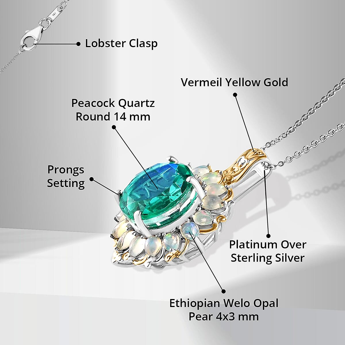 Peacock Quartz (Triplet) and Ethiopian Welo Opal Halo Pendant Necklace 20 Inches in Vermeil YG and Platinum Over Sterling Silver 13.70 ctw image number 4