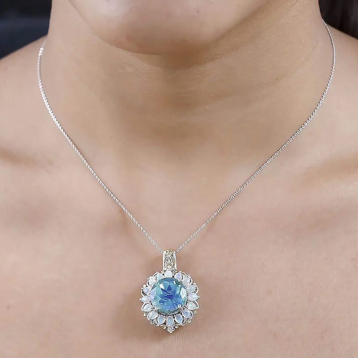 Peacock Quartz (Triplet) and Ethiopian Welo Opal Halo Pendant Necklace 20 Inches in Vermeil YG and Platinum Over Sterling Silver 13.70 ctw image number 7