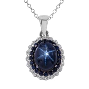 Blue Star Sapphire (DF) and Multi Gemstone Double Halo Pendant Necklace 18 Inches in Platinum Over Sterling Silver 5.40 ctw