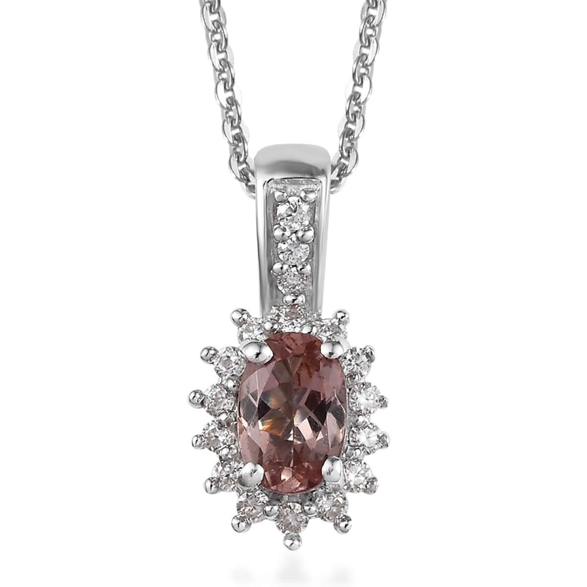 Blush Apatite and Moissanite Sunburst Pendant Necklace 20 Inches in Platinum Over Sterling Silver 0.65 ctw image number 0
