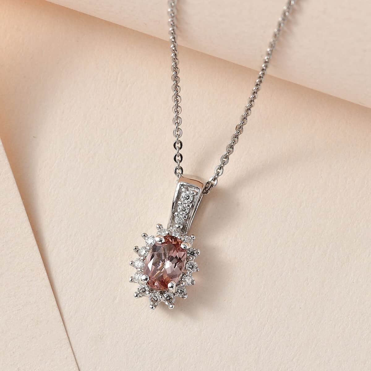 Blush Apatite and Moissanite Sunburst Pendant Necklace 20 Inches in Platinum Over Sterling Silver 0.65 ctw image number 1