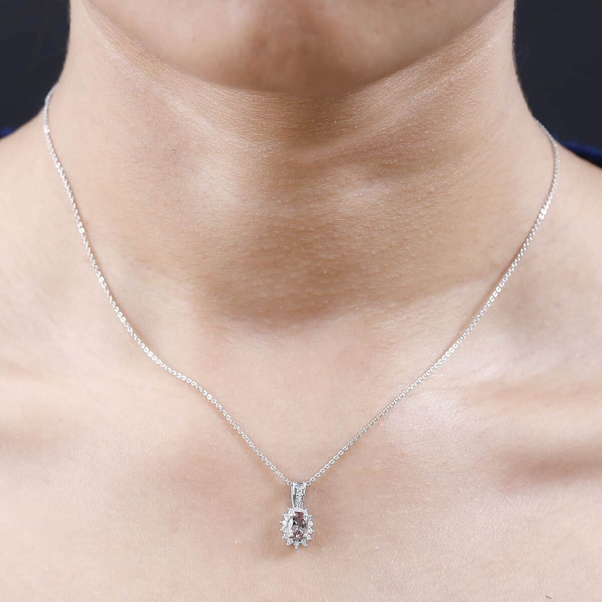 Blush Apatite and Moissanite Sunburst Pendant Necklace 20 Inches in Platinum Over Sterling Silver 0.65 ctw image number 2