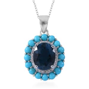 London Blue Topaz and Multi Gemstone Double Halo Pendant Necklace 18 Inches in Platinum Over Sterling Silver 6.15 ctw