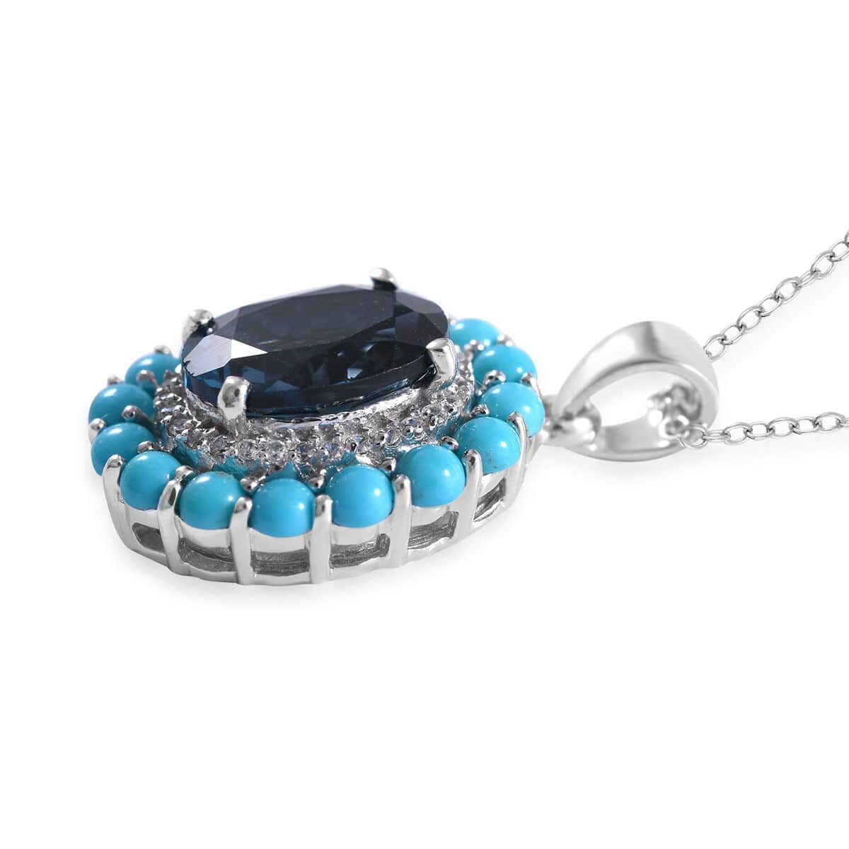 London Blue Topaz and Multi Gemstone Double Halo Pendant Necklace 18 Inches in Platinum Over Sterling Silver 6.15 ctw image number 2