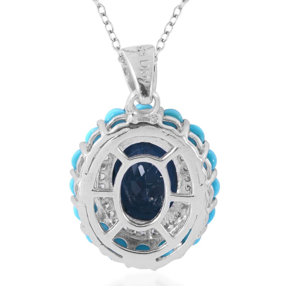 London Blue Topaz and Multi Gemstone Double Halo Pendant Necklace 18 Inches in Platinum Over Sterling Silver 6.15 ctw image number 3