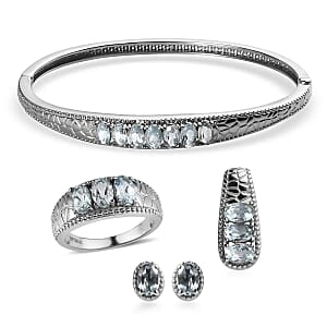 Sky Blue Topaz Jewelry Set of Bangle Bracelet, 3 Stone Ring, Pendant and Stud Earrings, Stainless Steel Jewelry Set, Gifts For Her 8.25 ctw