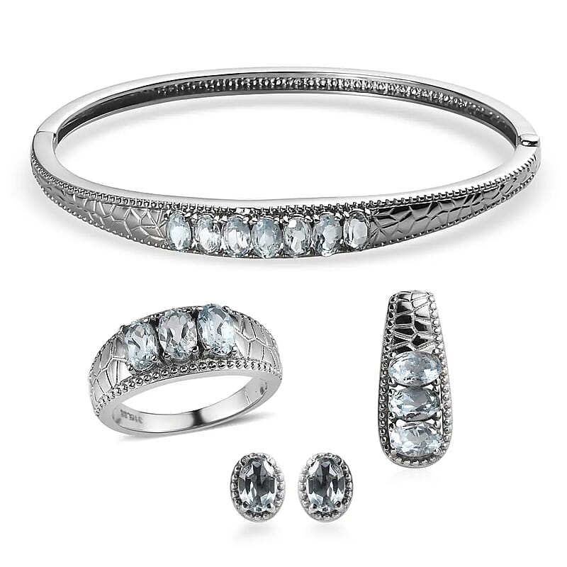 Sky Blue Topaz Jewelry Set of Bangle Bracelet, 3 Stone Ring, Pendant and Stud Earrings, Stainless Steel Jewelry Set, Gifts For Her 8.25 ctw