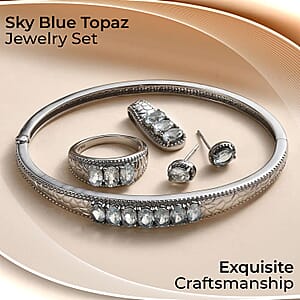 Sky Blue Topaz Jewelry Set of Bangle Bracelet, 3 Stone Ring, Pendant and Stud Earrings, Stainless Steel Jewelry Set, Gifts For Her 8.25 ctw