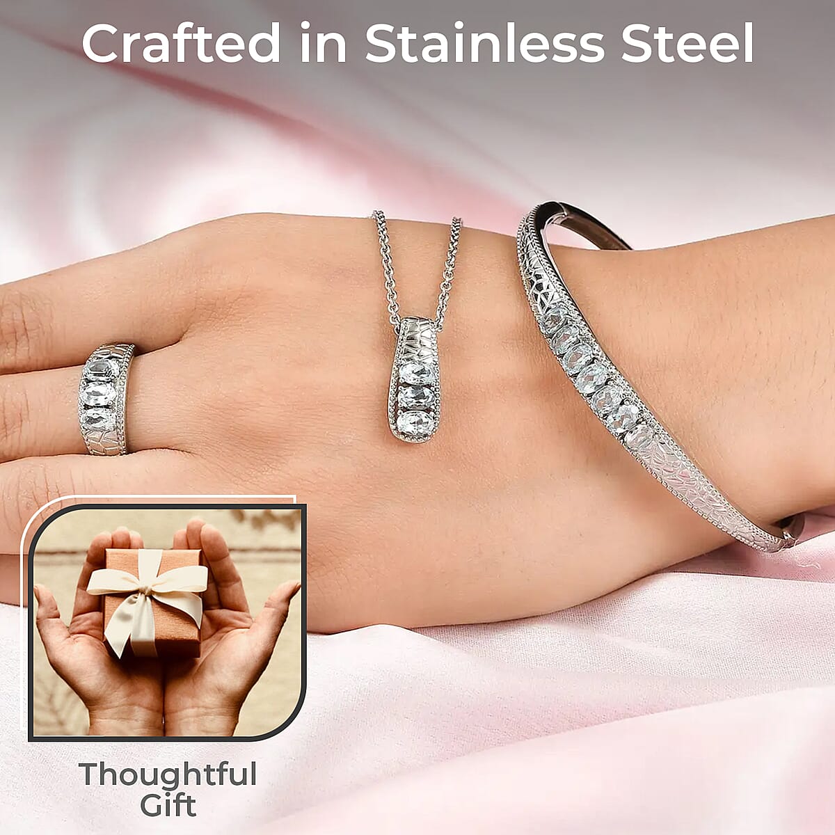 Sky Blue Topaz Jewelry Set of Bangle Bracelet, 3 Stone Ring, Pendant and Stud Earrings, Stainless Steel Jewelry Set, Gifts For Her 8.25 ctw image number 6