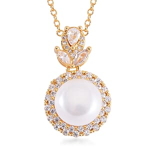 Freshwater Pearl and Simulated Diamond Pendant Necklace 18-20 Inches in Goldtone 2.00 ctw