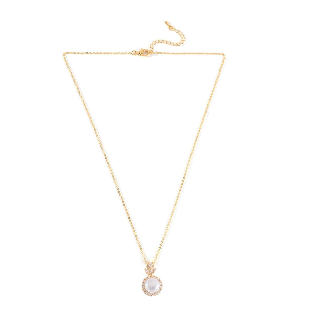Freshwater Pearl and Simulated Diamond Pendant Necklace 18-20 Inches in Goldtone 2.00 ctw image number 3