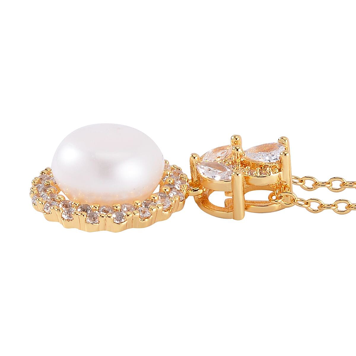 Freshwater Pearl and Simulated Diamond Pendant Necklace 18-20 Inches in Goldtone 2.00 ctw