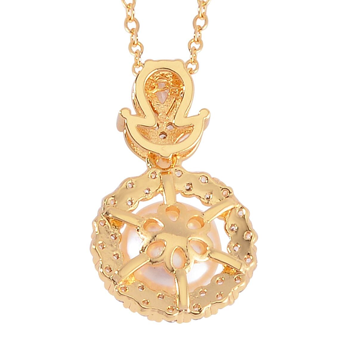 Freshwater Pearl and Simulated Diamond Pendant Necklace 18-20 Inches in Goldtone 2.00 ctw