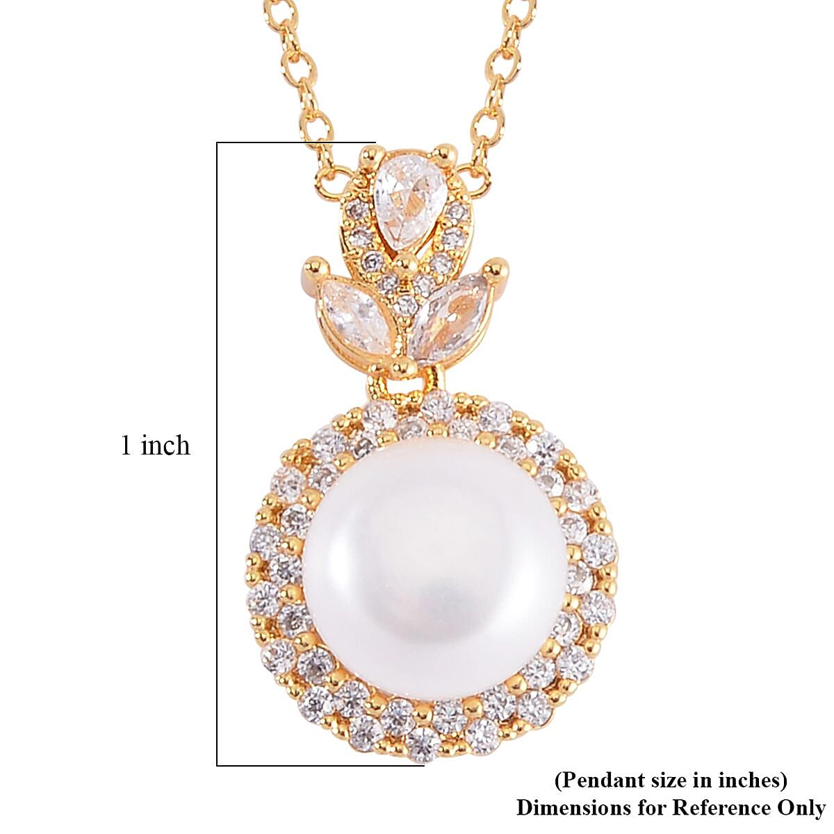 Freshwater Pearl and Simulated Diamond Pendant Necklace 18-20 Inches in Goldtone 2.00 ctw