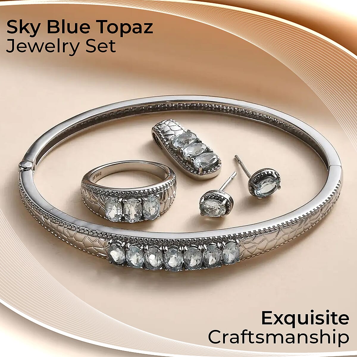 Sky Blue Topaz Bangle Bracelet (7.25In), 3 Stone Ring (Size 11.00), Pendant and Stud Earrings in Stainless Steel 8.25 ctw image number 1