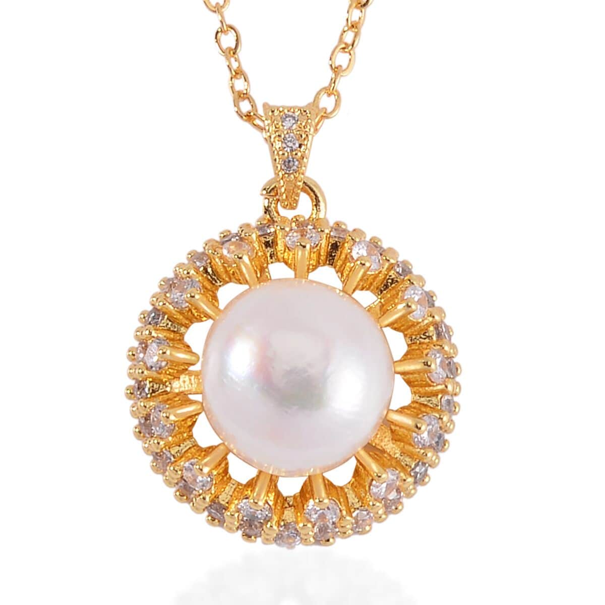 Freshwater Pearl and Simulated Diamond Pendant Necklace 18-20 Inches in Goldtone 1.50 ctw image number 0