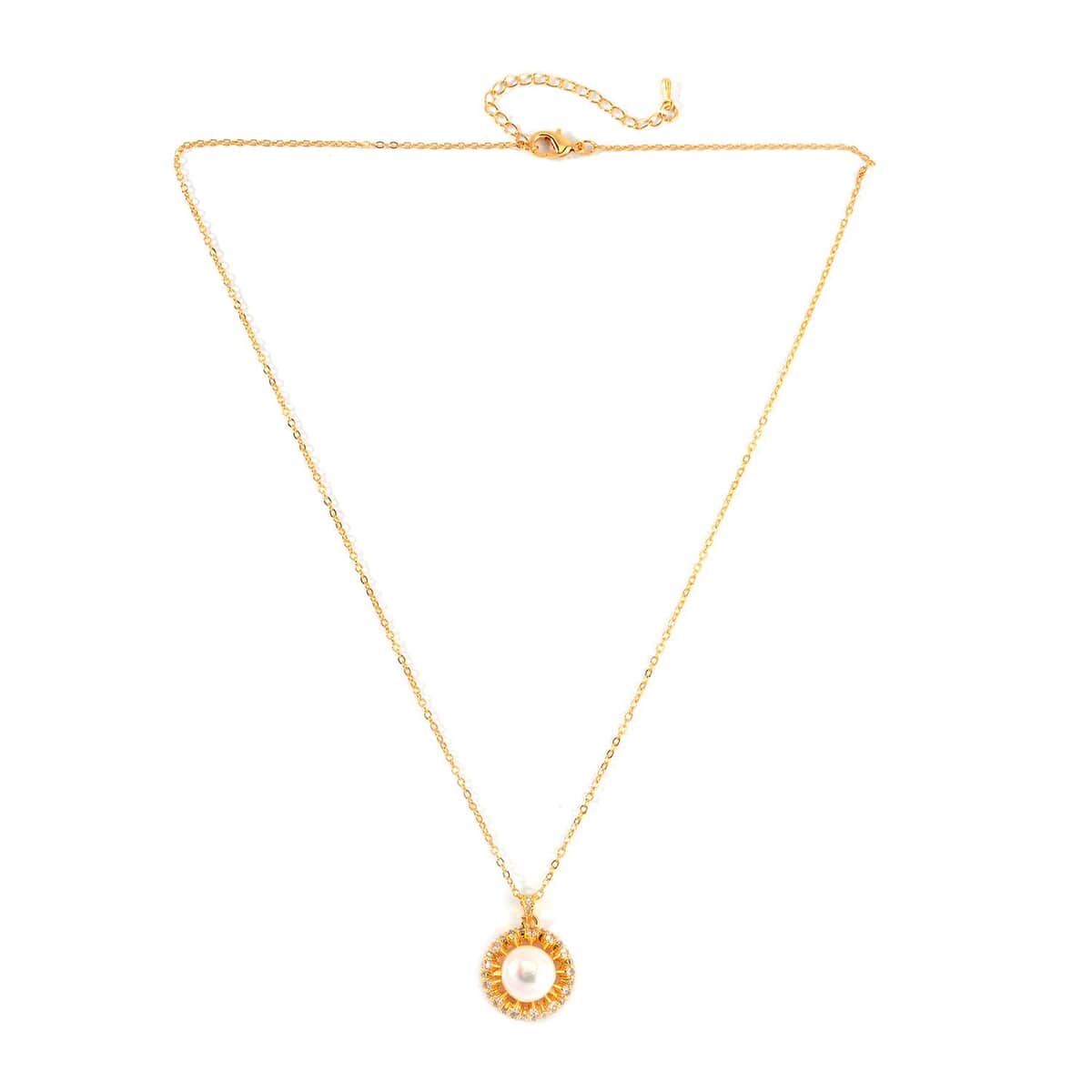 Freshwater Pearl and Simulated Diamond Pendant Necklace 18-20 Inches in Goldtone 1.50 ctw image number 3