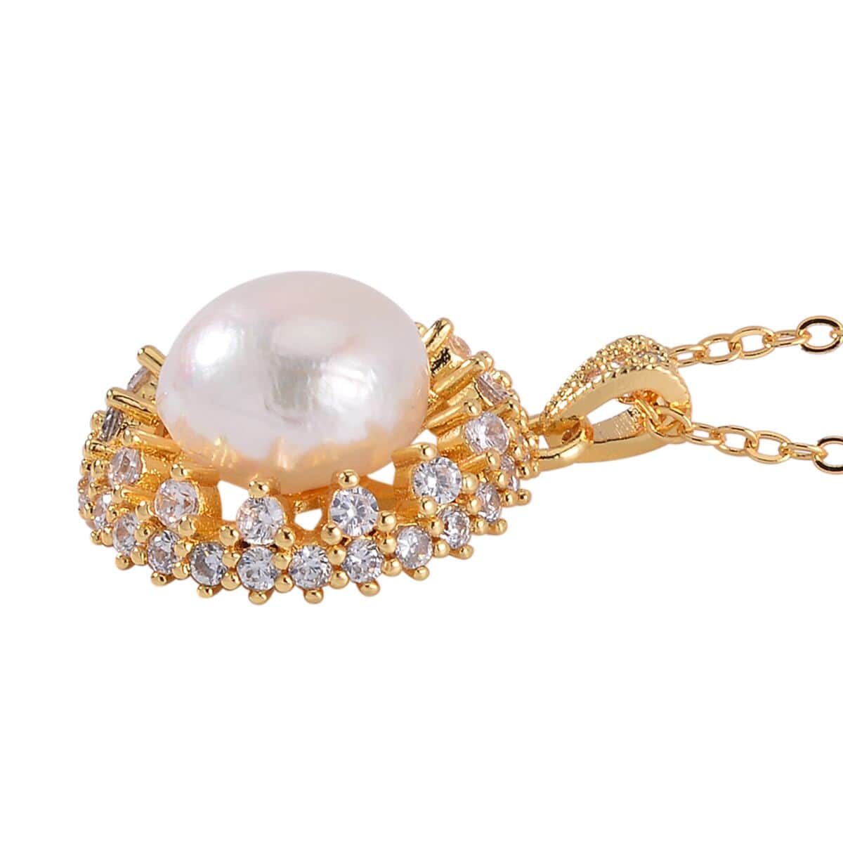 Freshwater Pearl and Simulated Diamond Pendant Necklace 18-20 Inches in Goldtone 1.50 ctw image number 4