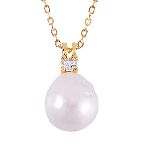 Organic Shape White Baroque Pearl and Simulated Diamond Pendant Necklace 20 Inches in Goldtone 0.10 ctw