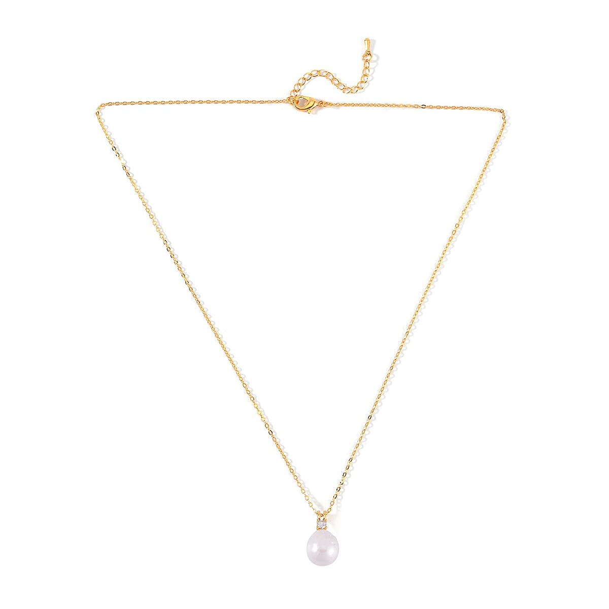 Organic Shape White Baroque Pearl and Simulated Diamond Pendant Necklace 20 Inches in Goldtone 0.10 ctw image number 3