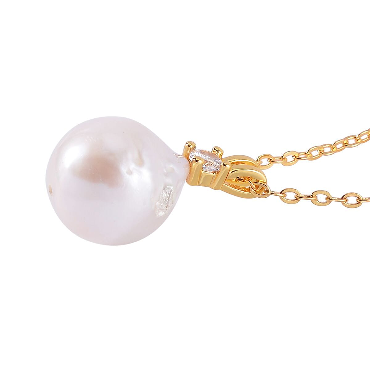 Organic Shape White Baroque Pearl and Simulated Diamond Pendant Necklace 20 Inches in Goldtone 0.10 ctw image number 4