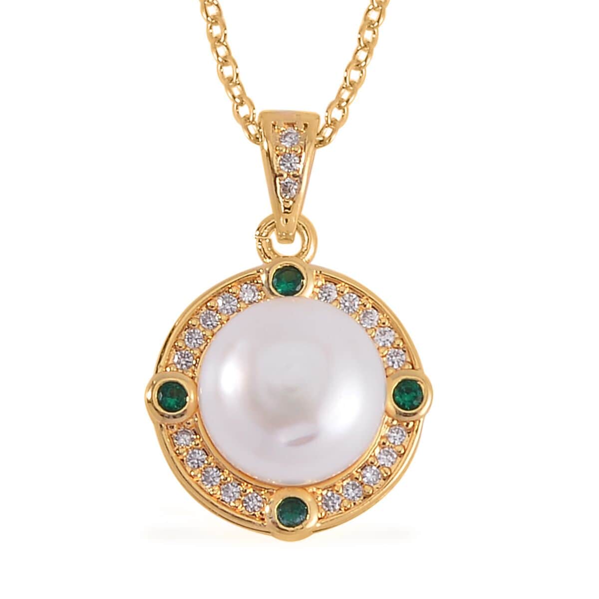 Freshwater Pearl, Green Glass and Simulated Diamond Pendant Necklace 18-20 Inches in Goldtone 1.00 ctw image number 0