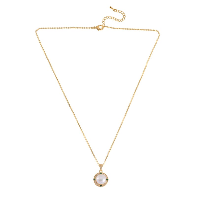 Freshwater Pearl, Green Glass and Simulated Diamond Pendant Necklace 18-20 Inches in Goldtone 1.00 ctw
