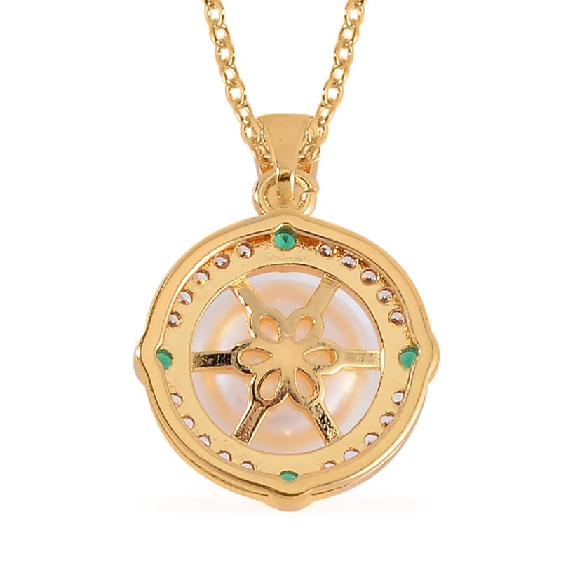 Freshwater Pearl, Green Glass and Simulated Diamond Pendant Necklace 18-20 Inches in Goldtone 1.00 ctw