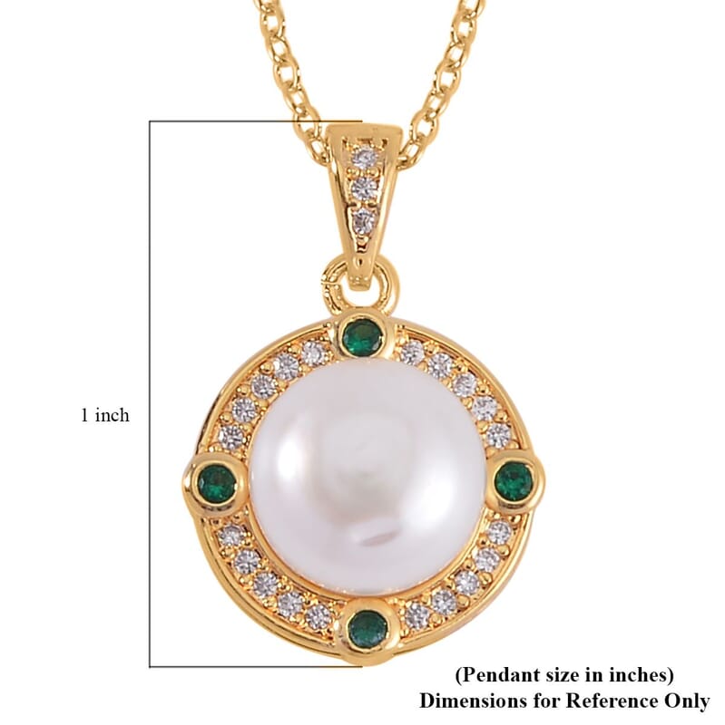 Freshwater Pearl, Green Glass and Simulated Diamond Pendant Necklace 18-20 Inches in Goldtone 1.00 ctw