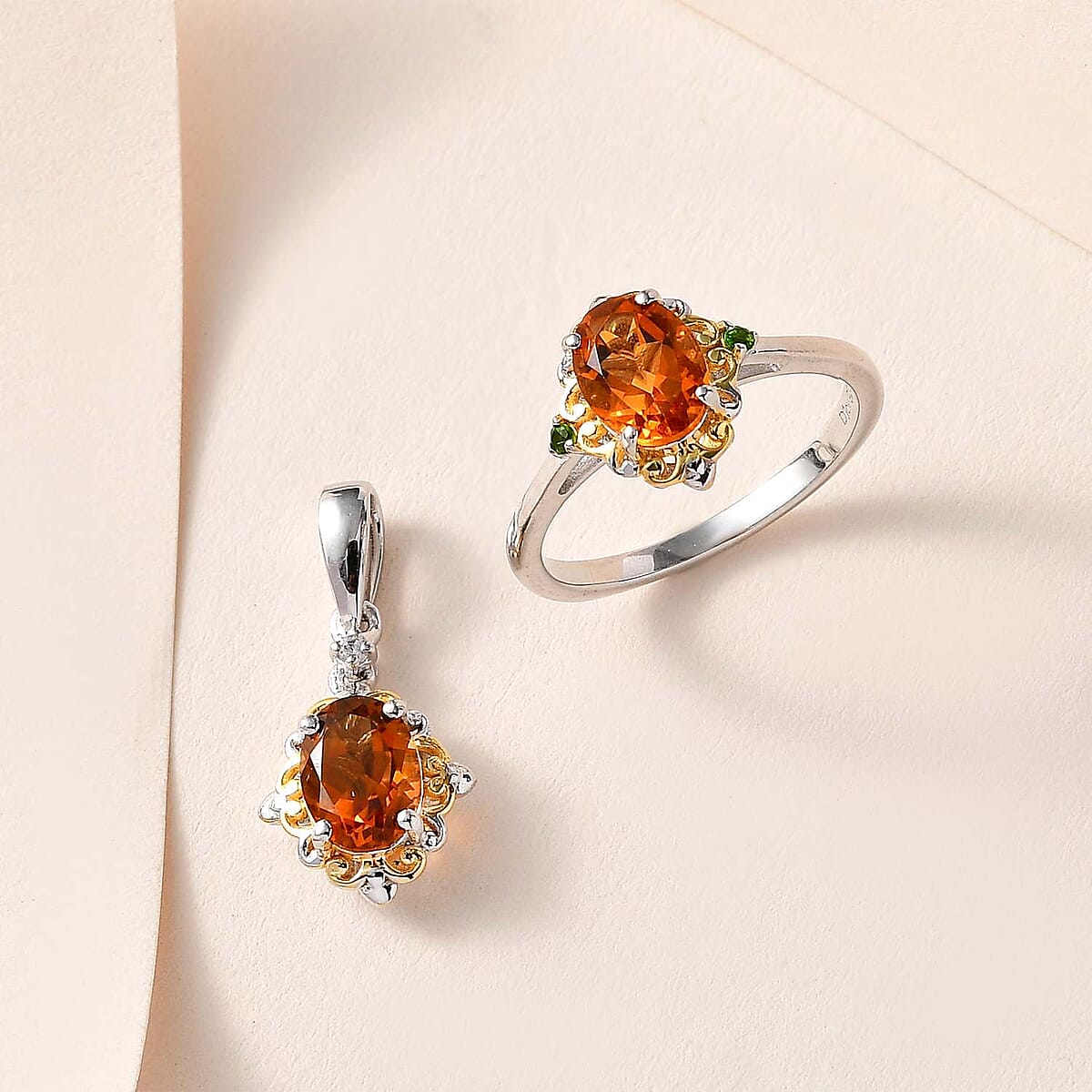 Santa Ana Madeira Citrine and Multi Gemstone Ring (Size 9.0) and Pendant in Vermeil YG and Platinum Over Sterling Silver 2.25 ctw image number 1