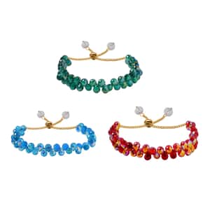 Set of 3 Multi Color Glass Beaded Bolo Bracelet in Goldtone