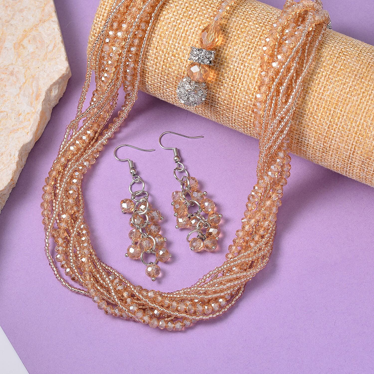 Champagne Glass and Austrian Crystal 2pcs Multi Wear Necklace 16 & 18 Inches and Earrings in Silvertone
