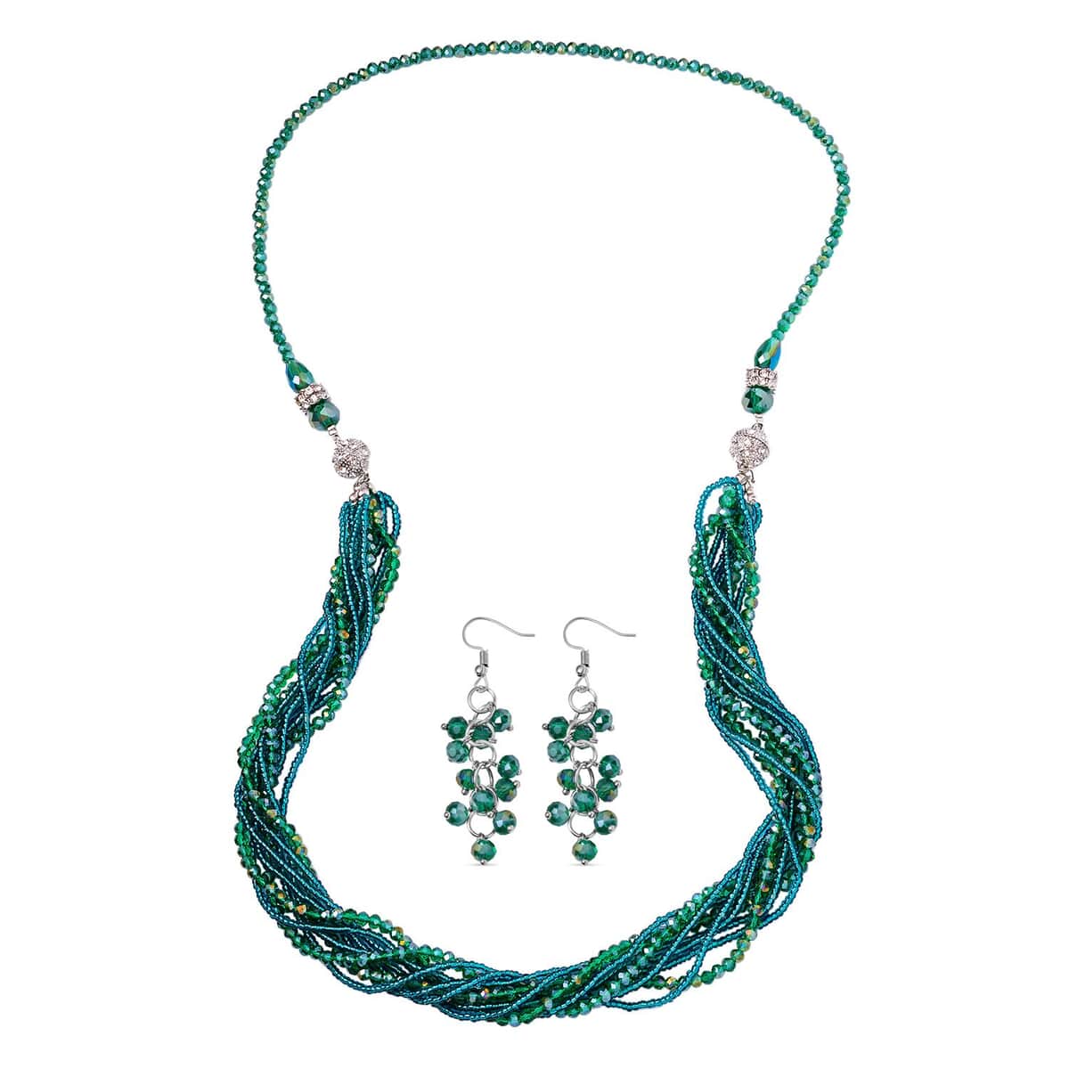 Green Magic Color Glass, Austrian Crystal Set of 2 Necklace and Earrings in Silvertone 16 & 18 Inches image number 0