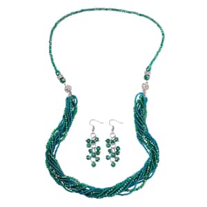 Green Magic Color Glass, Austrian Crystal Set of 2 Necklace and Earrings in Silvertone 16 & 18 Inches