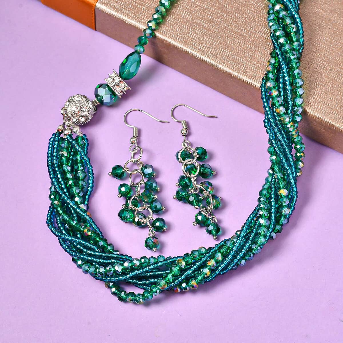 Green Magic Color Glass, Austrian Crystal Set of 2 Necklace and Earrings in Silvertone 16 & 18 Inches image number 1