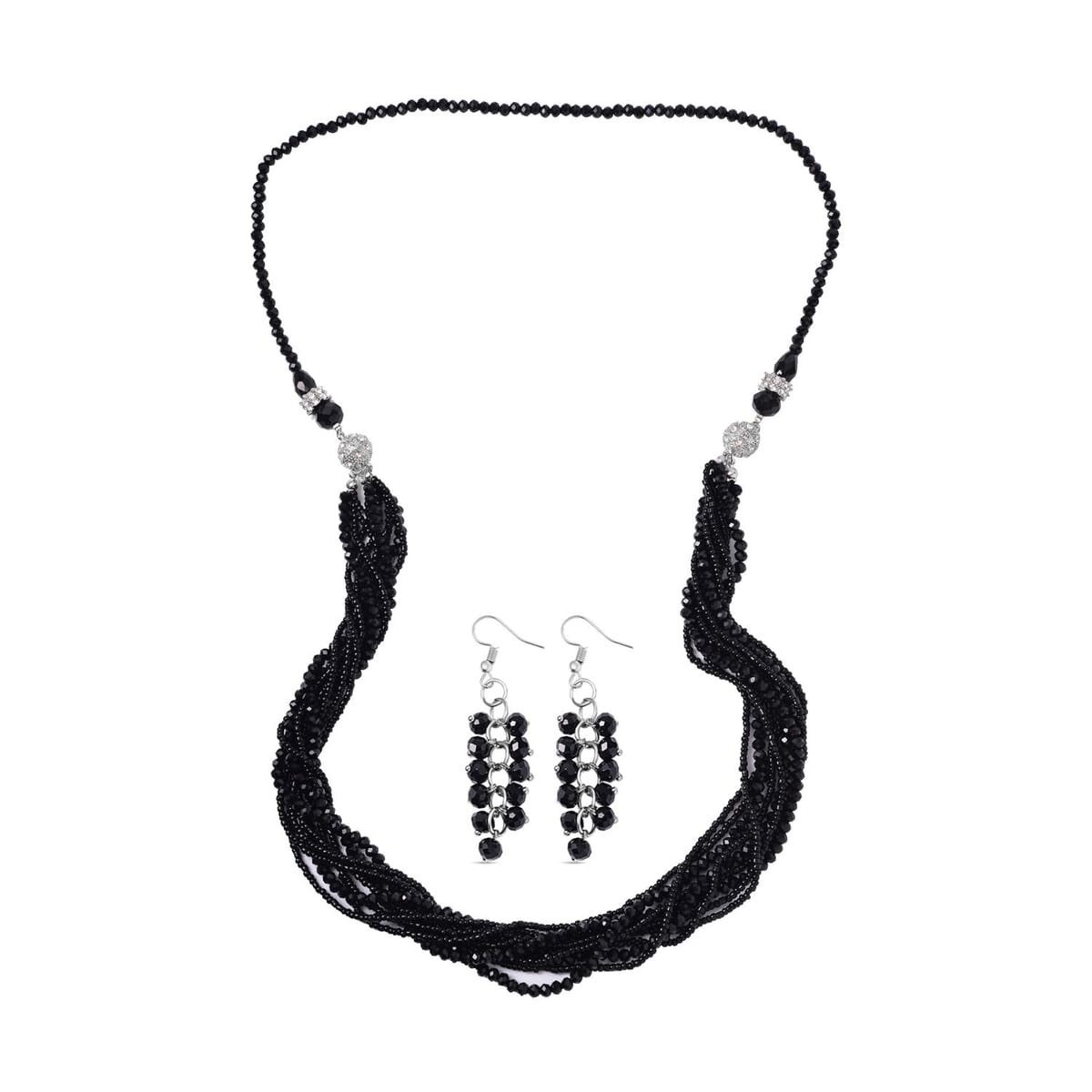 Black Glass and Austrian Crystal 2pcs Multi Wear Necklace 16 & 18 Inches and Earrings in Silvertone image number 0