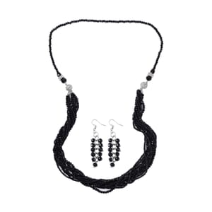 Black Glass and Austrian Crystal 2pcs Multi Wear Necklace 16 & 18 Inches and Earrings in Silvertone