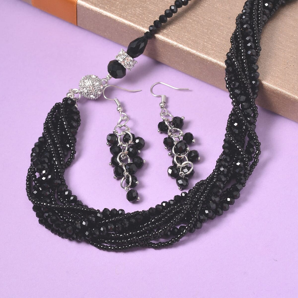 Black Glass and Austrian Crystal 2pcs Multi Wear Necklace 16 & 18 Inches and Earrings in Silvertone image number 1