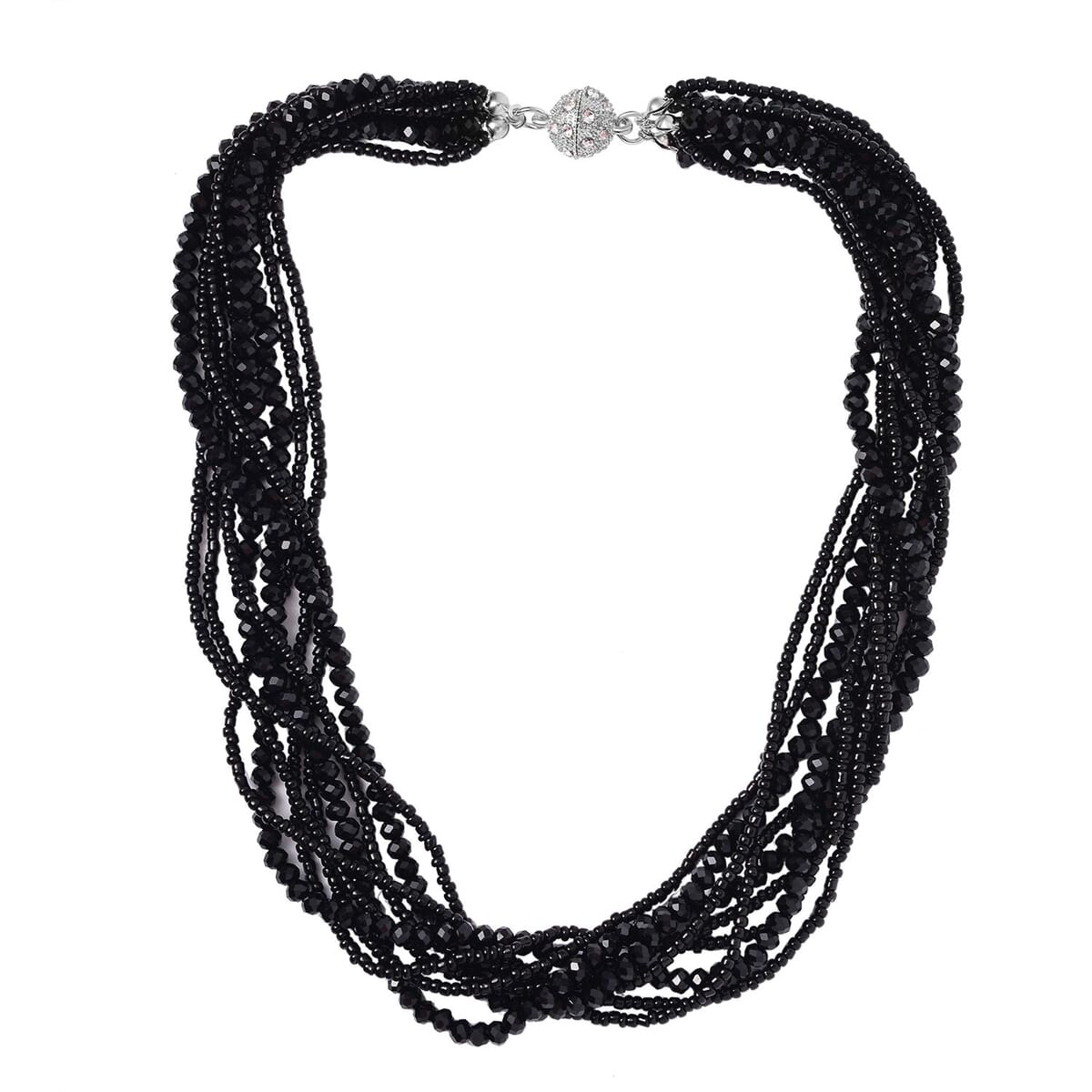 Black Glass and Austrian Crystal 2pcs Multi Wear Necklace 16 & 18 Inches and Earrings in Silvertone image number 3