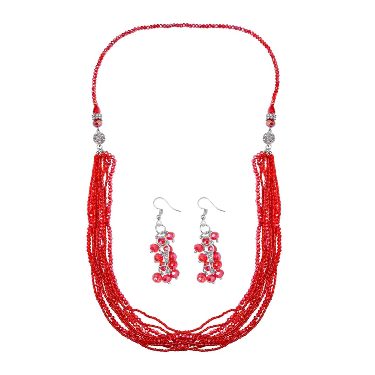 Red Glass, Austrian Crystal Set of 2 Necklace 16 & 18 Inches and Earrings in Silvertone image number 0