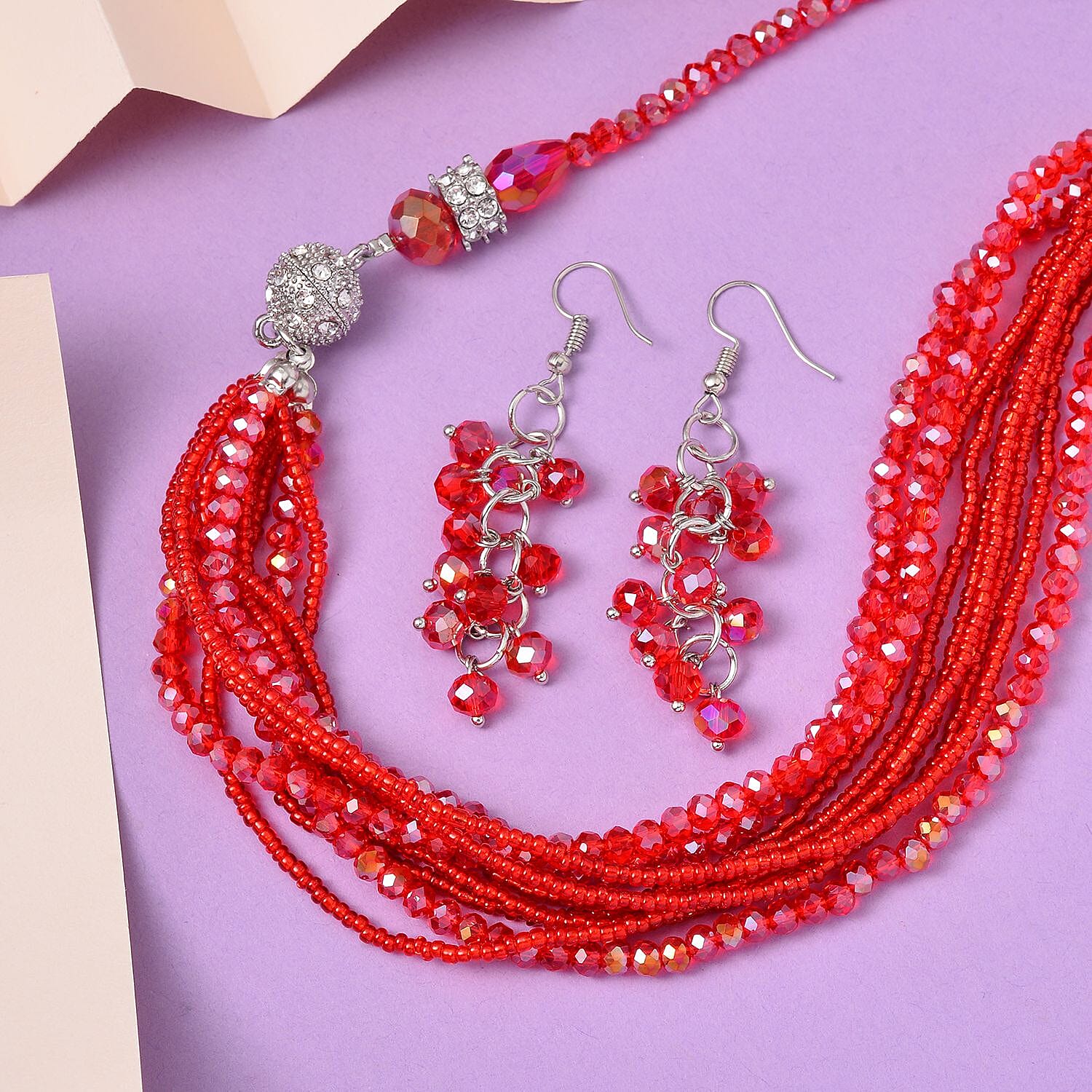 Red Glass, Austrian Crystal 2pcs Multi Wear Necklace 16 & 18 Inches and Earrings in Silvertone